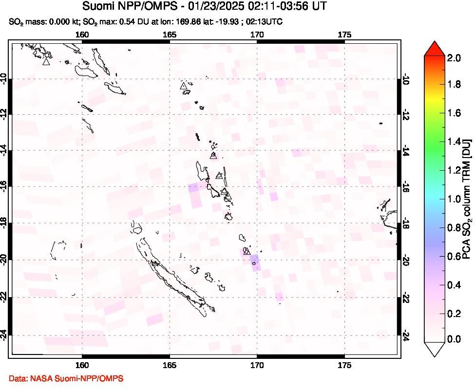 A sulfur dioxide image over Vanuatu, South Pacific on Jan 23, 2025.