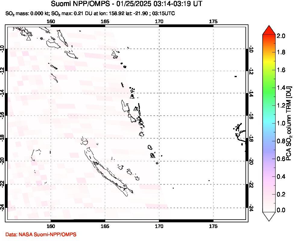 A sulfur dioxide image over Vanuatu, South Pacific on Jan 25, 2025.