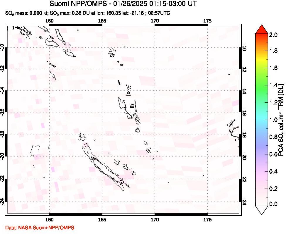 A sulfur dioxide image over Vanuatu, South Pacific on Jan 26, 2025.