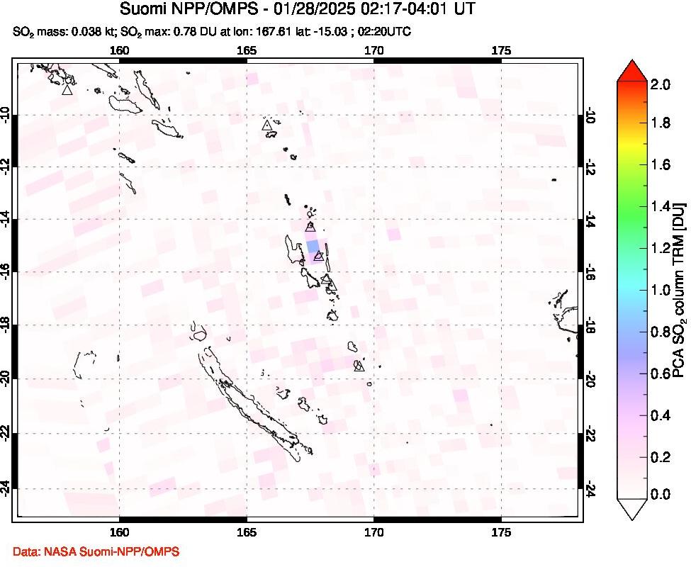 A sulfur dioxide image over Vanuatu, South Pacific on Jan 28, 2025.