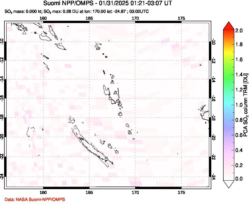 A sulfur dioxide image over Vanuatu, South Pacific on Jan 31, 2025.