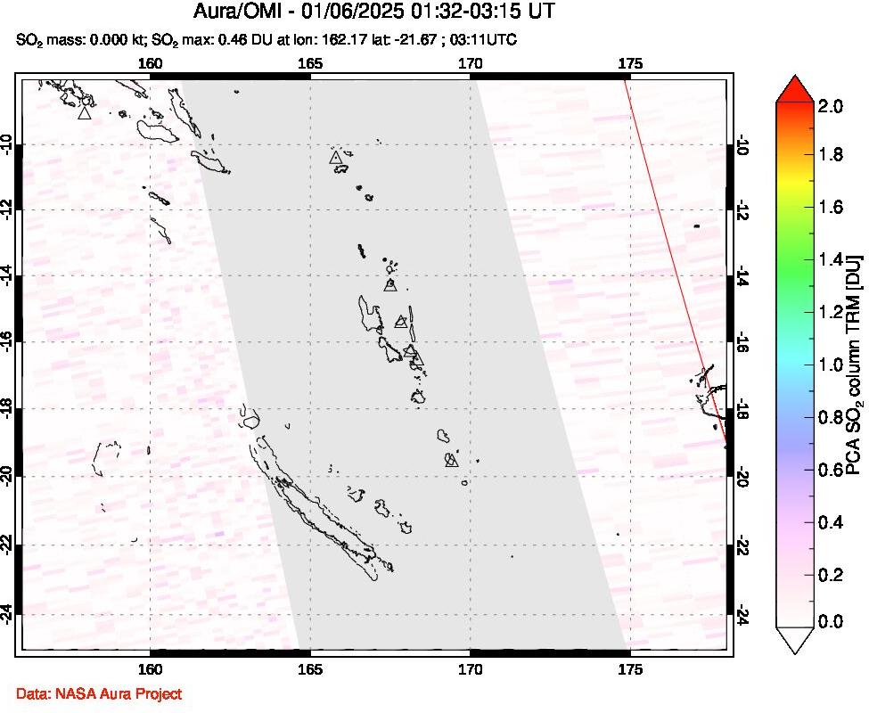 A sulfur dioxide image over Vanuatu, South Pacific on Jan 06, 2025.