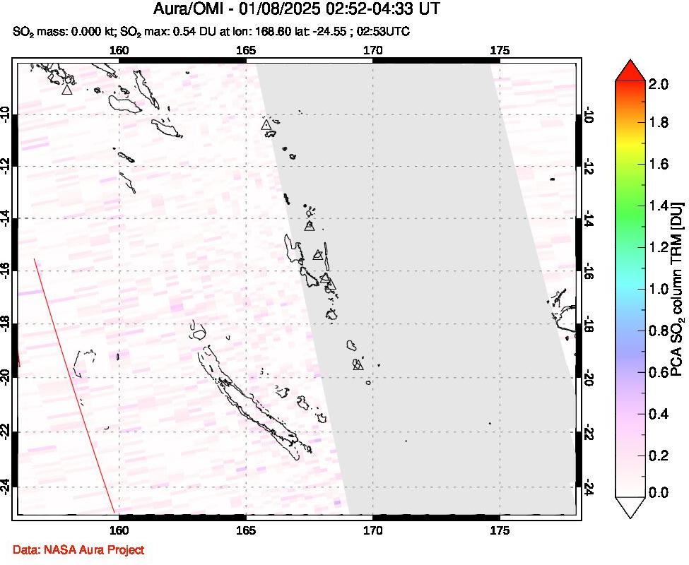 A sulfur dioxide image over Vanuatu, South Pacific on Jan 08, 2025.