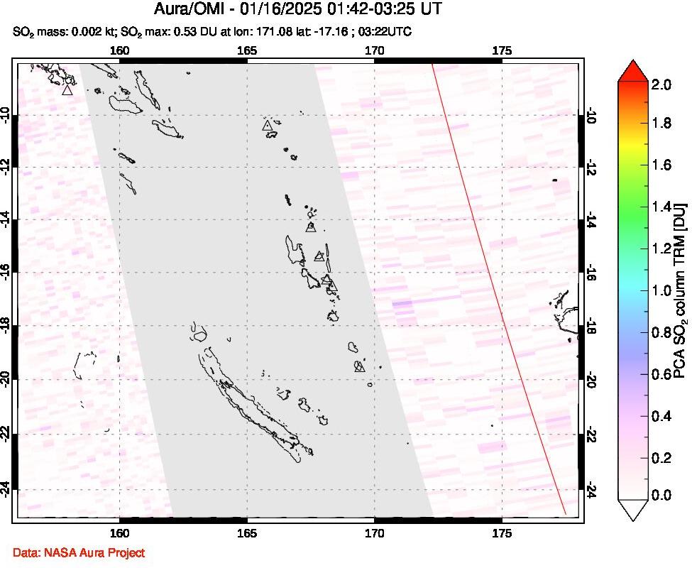 A sulfur dioxide image over Vanuatu, South Pacific on Jan 16, 2025.