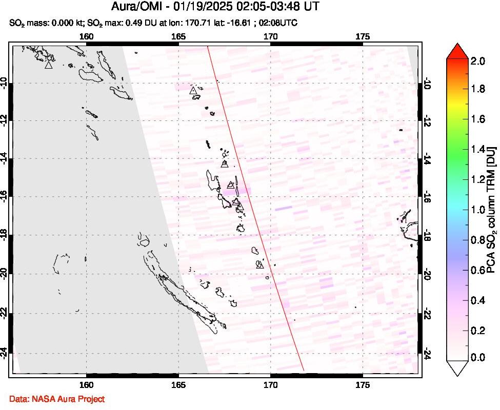 A sulfur dioxide image over Vanuatu, South Pacific on Jan 19, 2025.