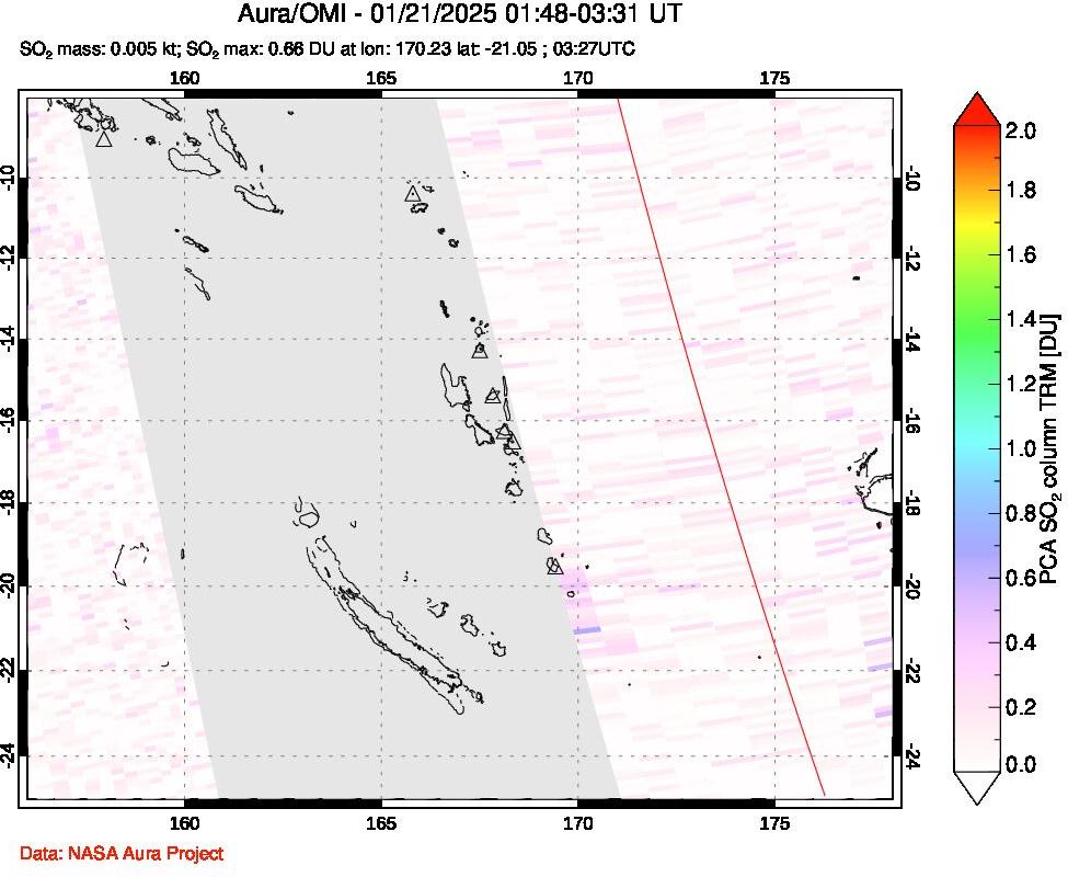 A sulfur dioxide image over Vanuatu, South Pacific on Jan 21, 2025.