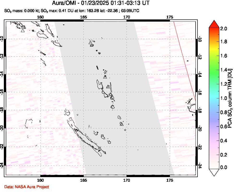 A sulfur dioxide image over Vanuatu, South Pacific on Jan 23, 2025.