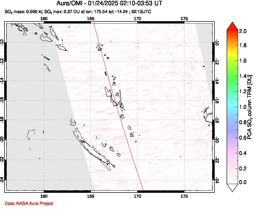 A sulfur dioxide image over Vanuatu, South Pacific on Jan 24, 2025.