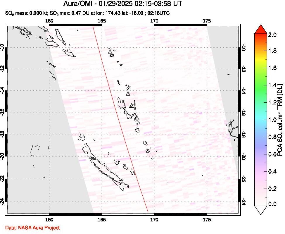 A sulfur dioxide image over Vanuatu, South Pacific on Jan 29, 2025.