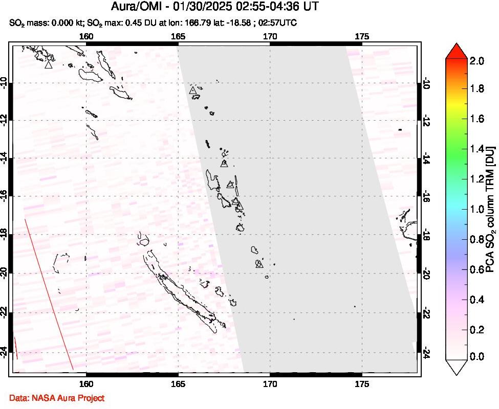 A sulfur dioxide image over Vanuatu, South Pacific on Jan 30, 2025.