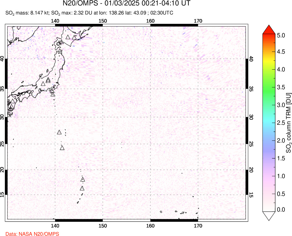 A sulfur dioxide image over Western Pacific on Jan 03, 2025.