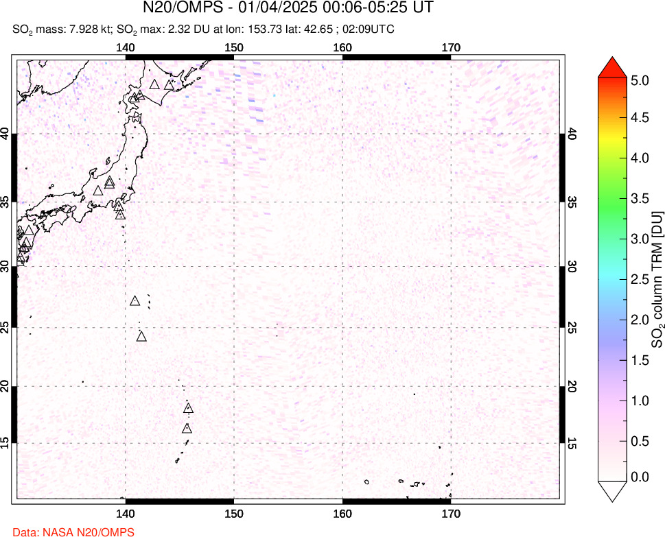 A sulfur dioxide image over Western Pacific on Jan 04, 2025.