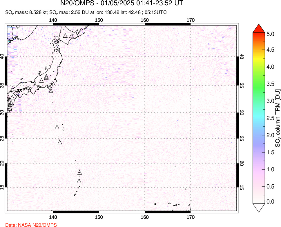 A sulfur dioxide image over Western Pacific on Jan 05, 2025.