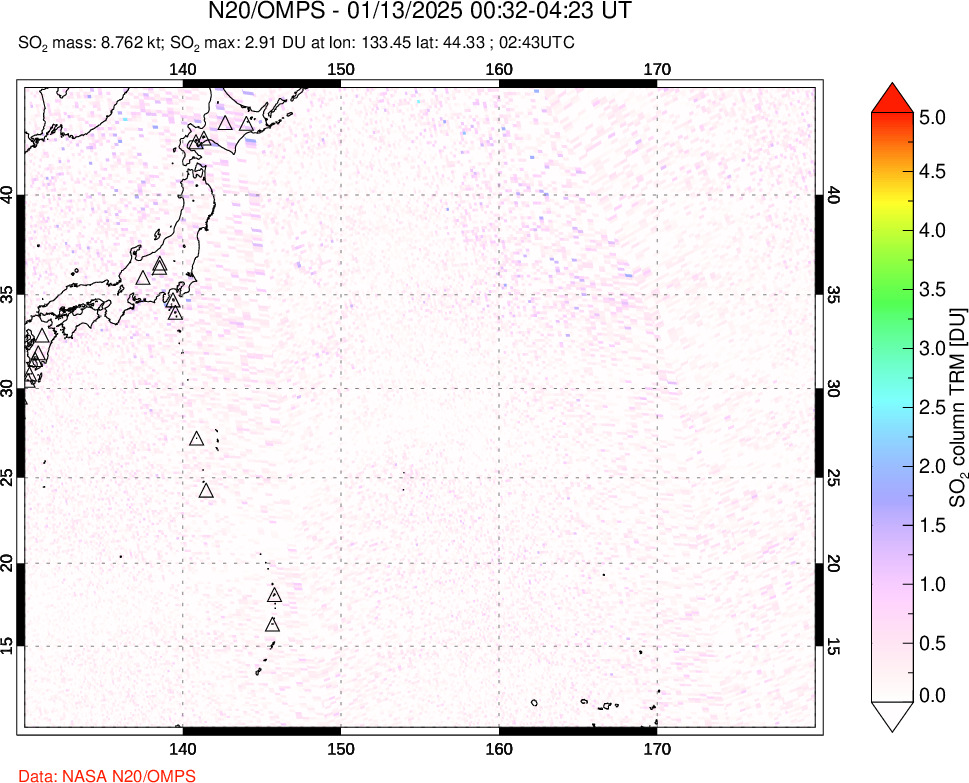 A sulfur dioxide image over Western Pacific on Jan 13, 2025.