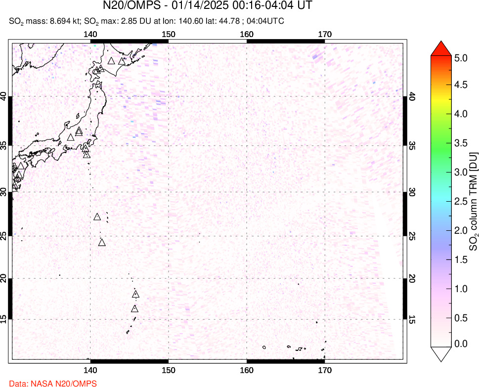 A sulfur dioxide image over Western Pacific on Jan 14, 2025.