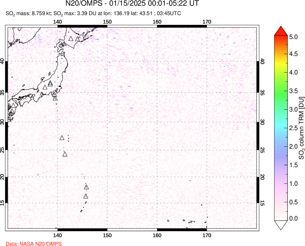 A sulfur dioxide image over Western Pacific on Jan 15, 2025.