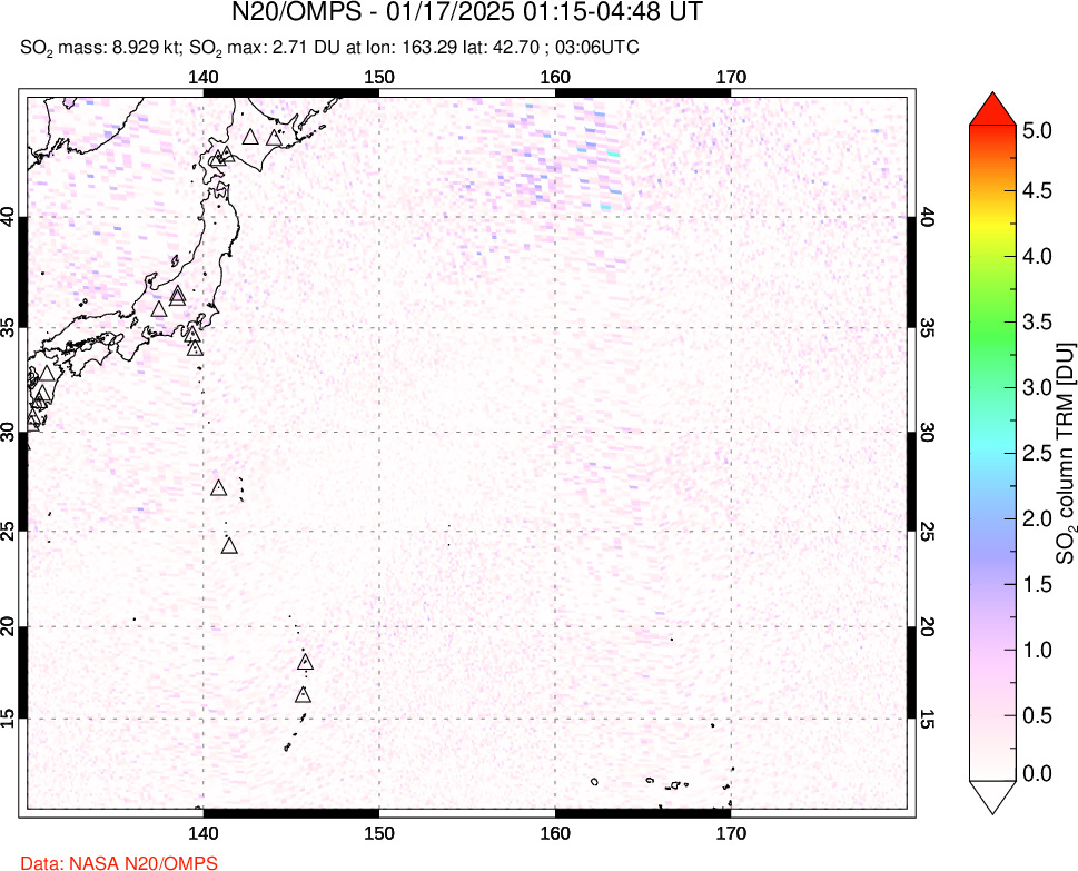 A sulfur dioxide image over Western Pacific on Jan 17, 2025.