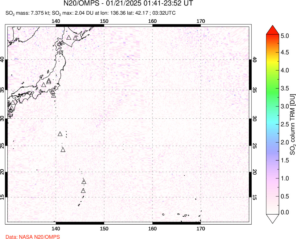 A sulfur dioxide image over Western Pacific on Jan 21, 2025.