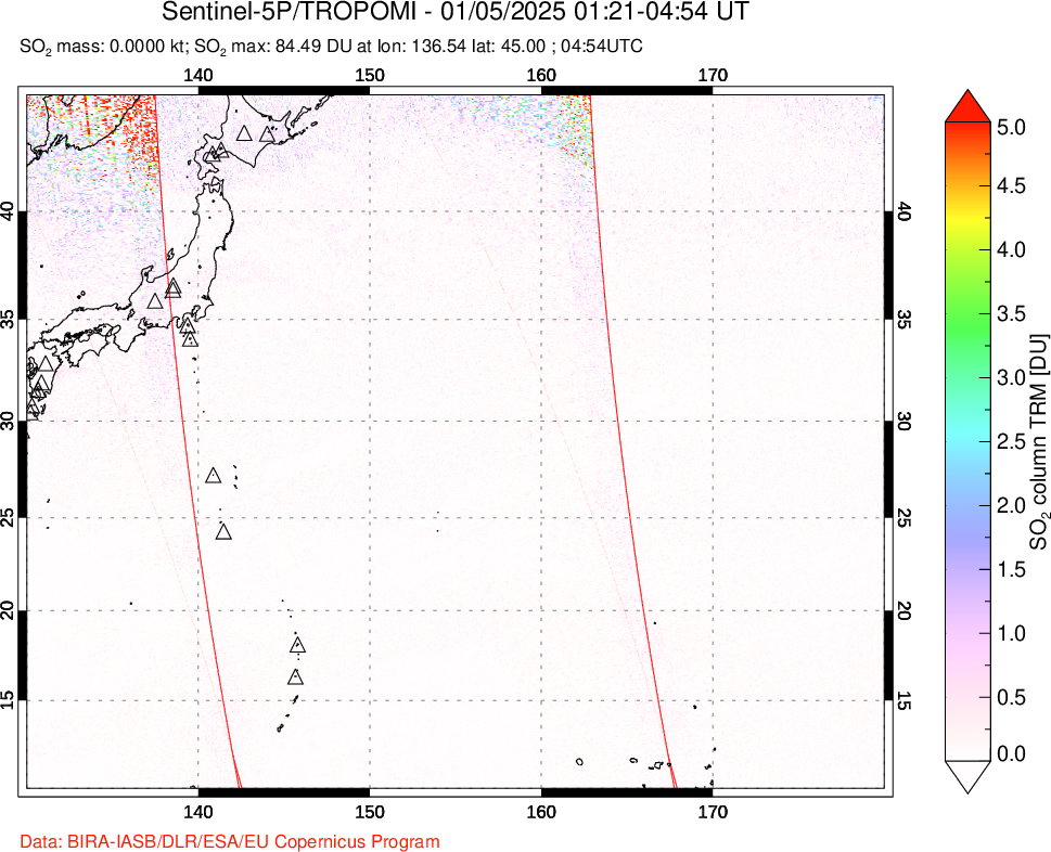 A sulfur dioxide image over Western Pacific on Jan 05, 2025.