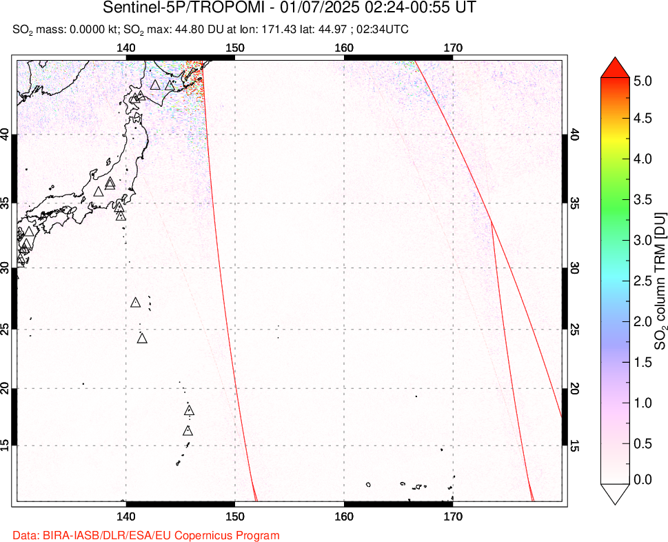 A sulfur dioxide image over Western Pacific on Jan 07, 2025.