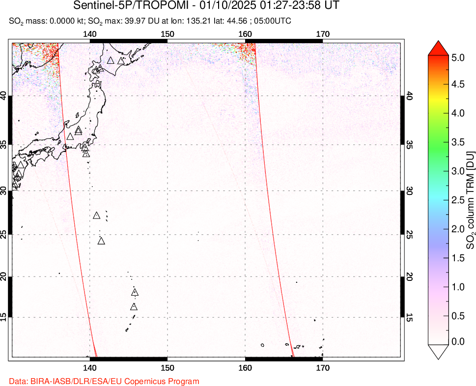 A sulfur dioxide image over Western Pacific on Jan 10, 2025.