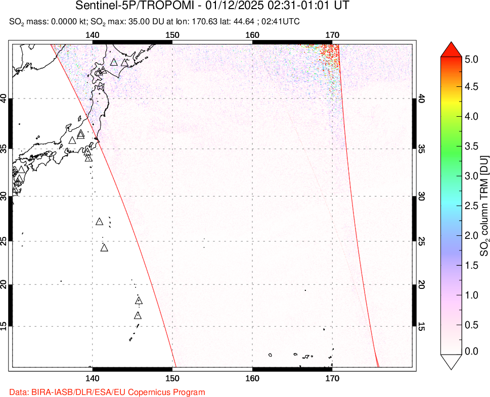 A sulfur dioxide image over Western Pacific on Jan 12, 2025.