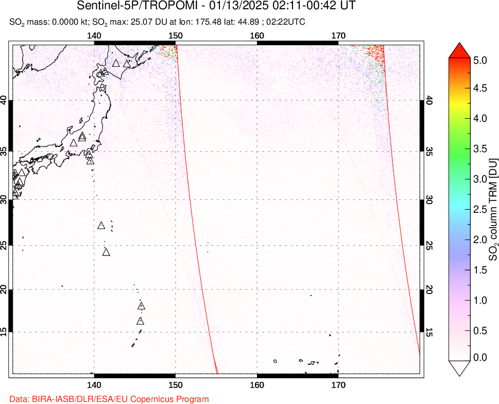 A sulfur dioxide image over Western Pacific on Jan 13, 2025.