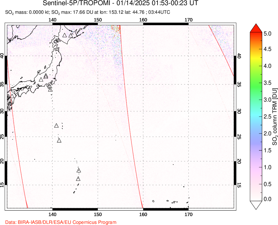 A sulfur dioxide image over Western Pacific on Jan 14, 2025.