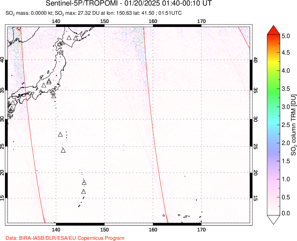 A sulfur dioxide image over Western Pacific on Jan 20, 2025.