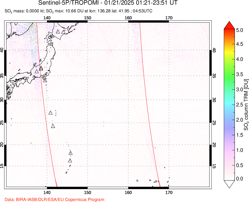 A sulfur dioxide image over Western Pacific on Jan 21, 2025.