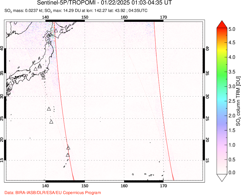 A sulfur dioxide image over Western Pacific on Jan 22, 2025.