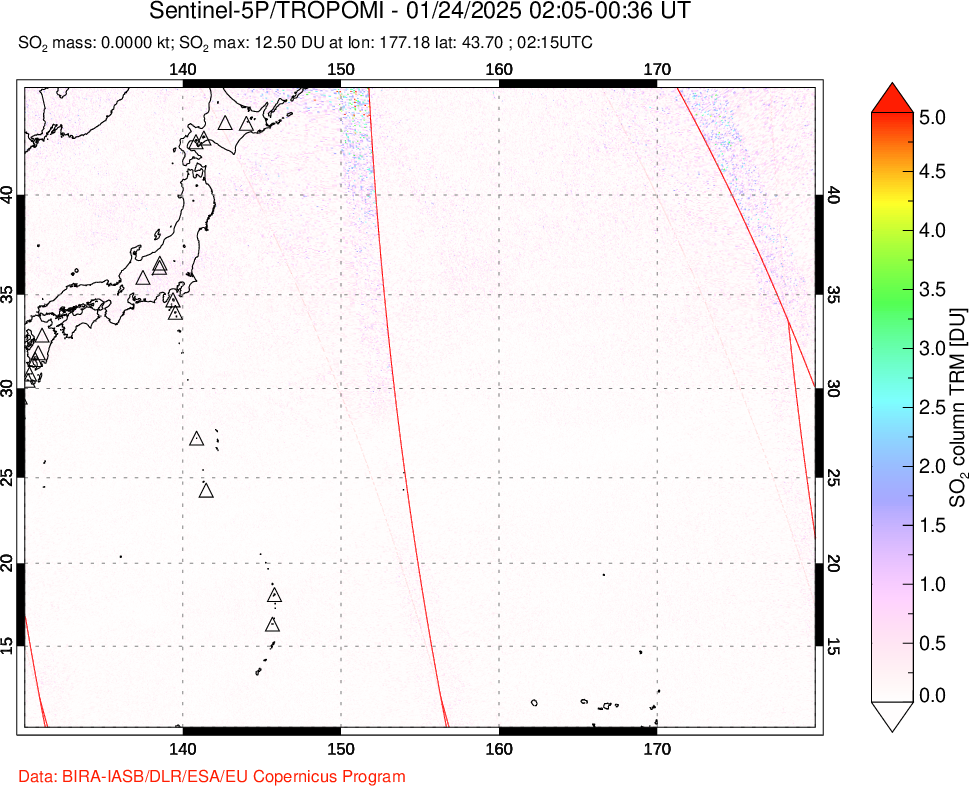 A sulfur dioxide image over Western Pacific on Jan 24, 2025.