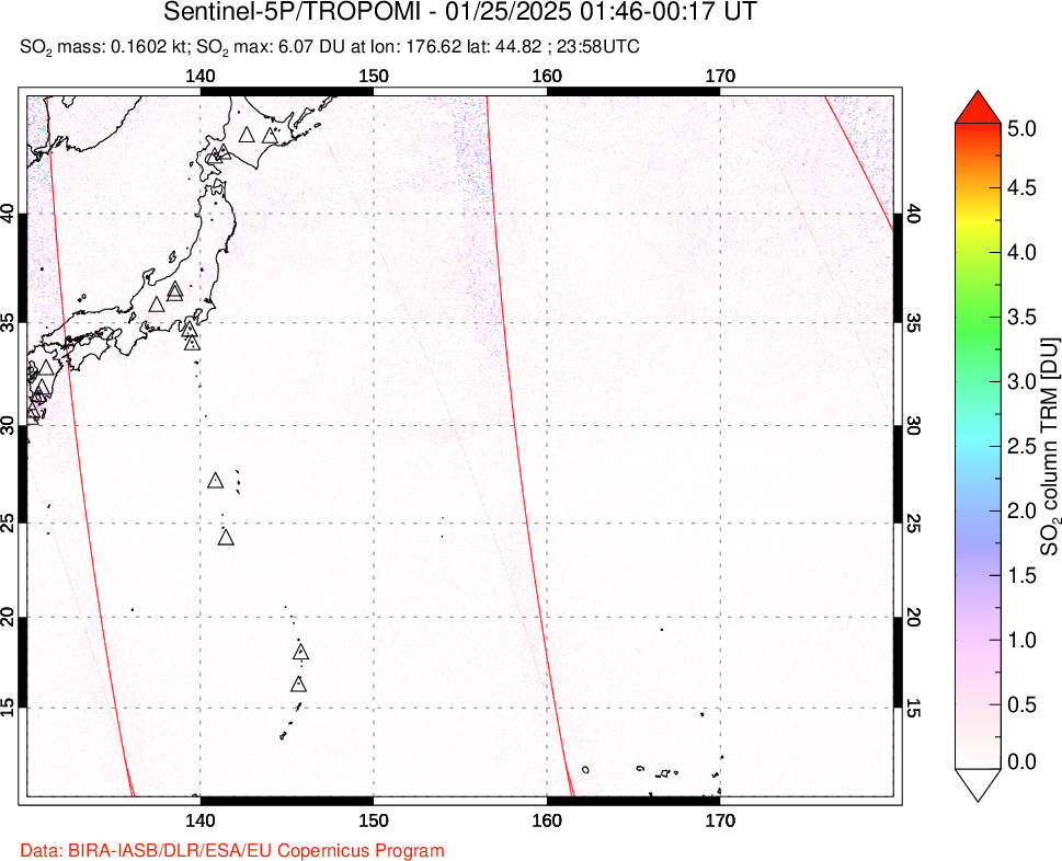 A sulfur dioxide image over Western Pacific on Jan 25, 2025.