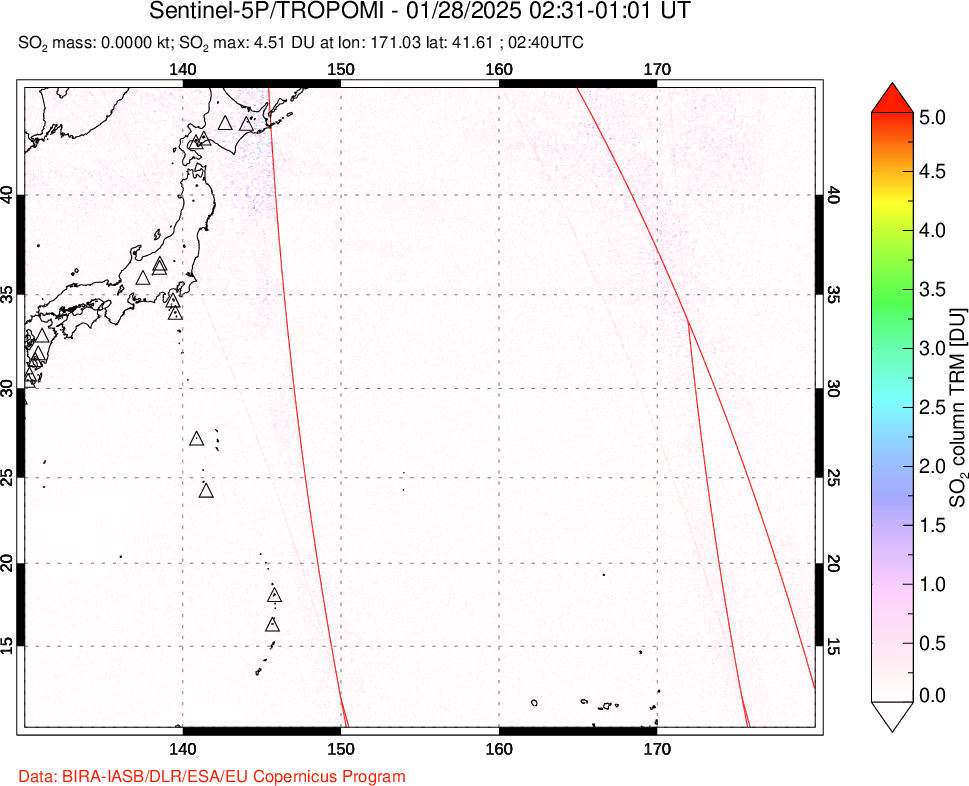 A sulfur dioxide image over Western Pacific on Jan 28, 2025.