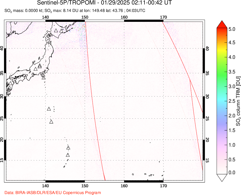 A sulfur dioxide image over Western Pacific on Jan 29, 2025.