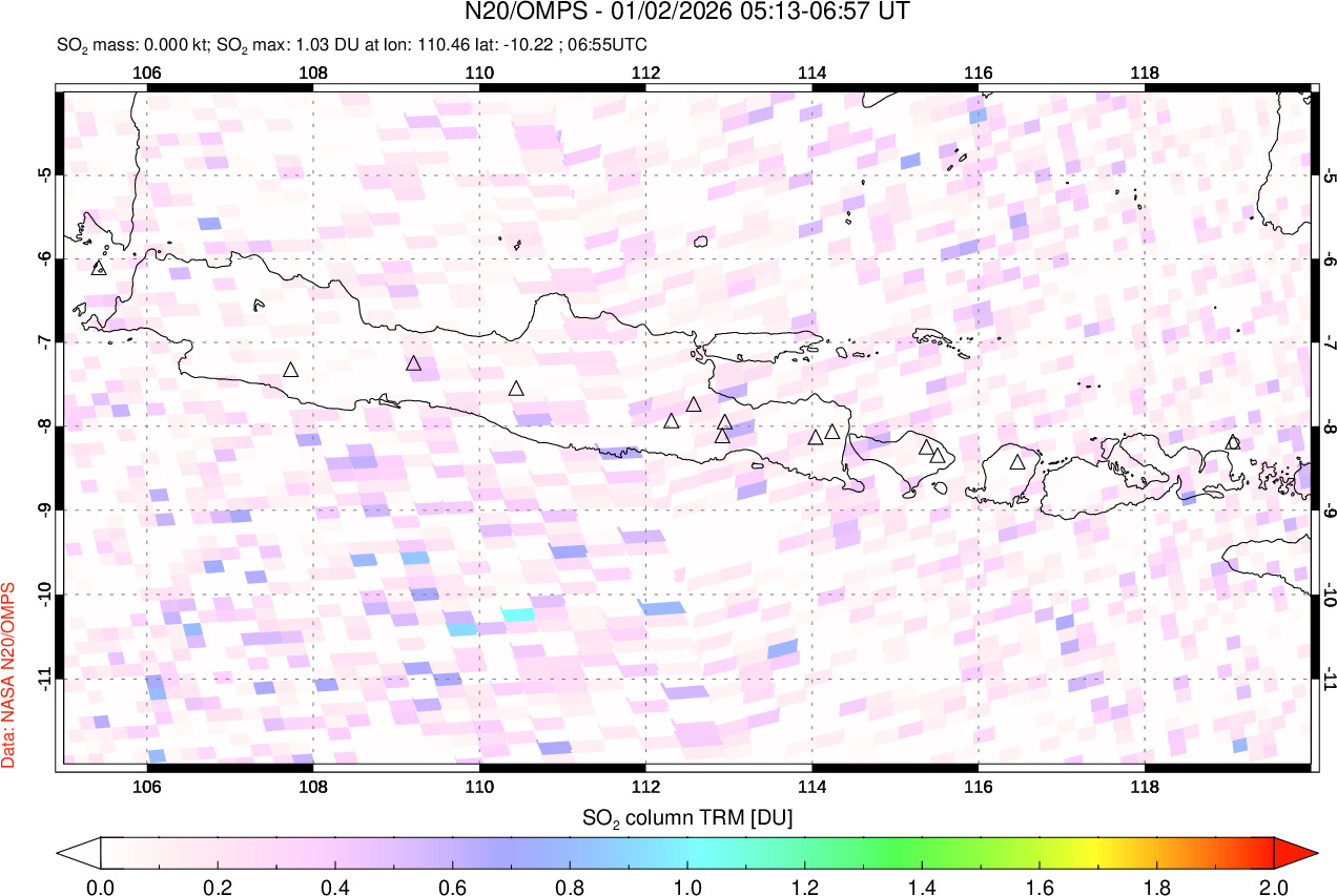 A sulfur dioxide image over Java, Indonesia on Jan 02, 2026.