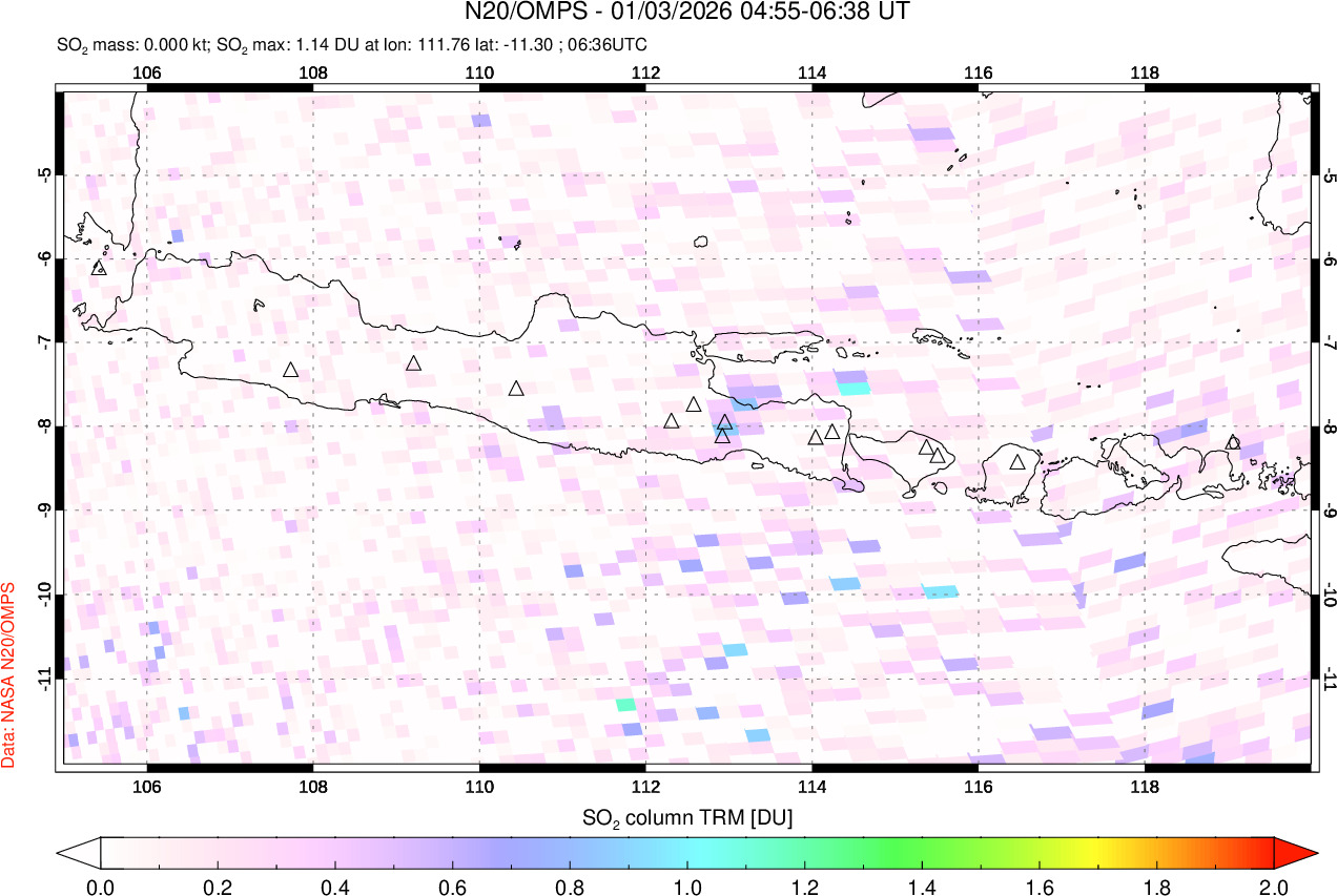 A sulfur dioxide image over Java, Indonesia on Jan 03, 2026.
