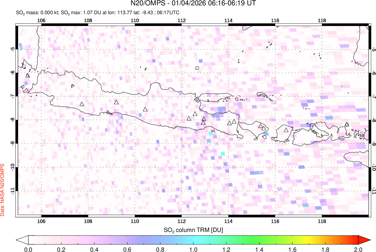A sulfur dioxide image over Java, Indonesia on Jan 04, 2026.