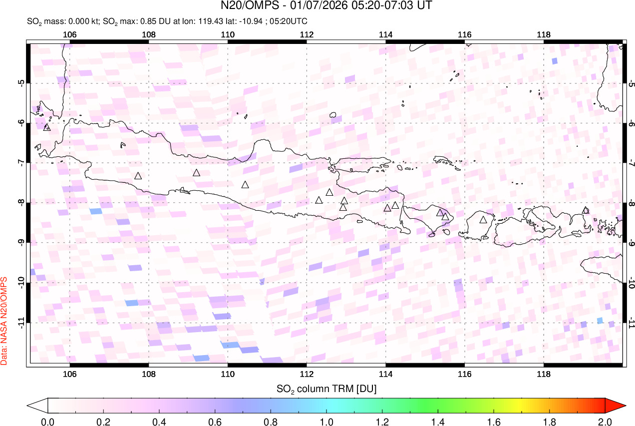 A sulfur dioxide image over Java, Indonesia on Jan 07, 2026.