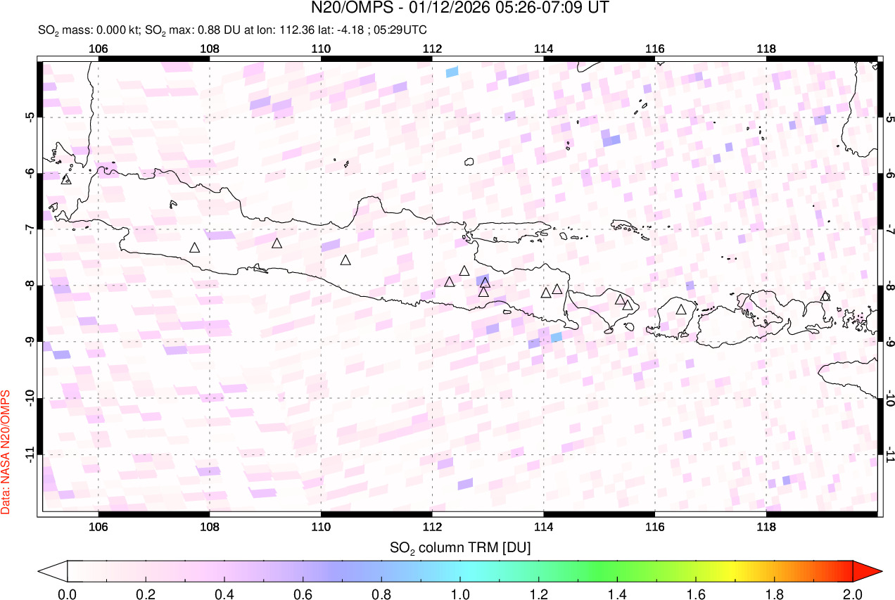 A sulfur dioxide image over Java, Indonesia on Jan 12, 2026.