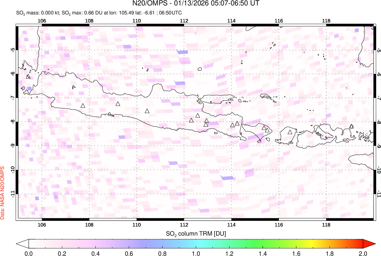 A sulfur dioxide image over Java, Indonesia on Jan 13, 2026.