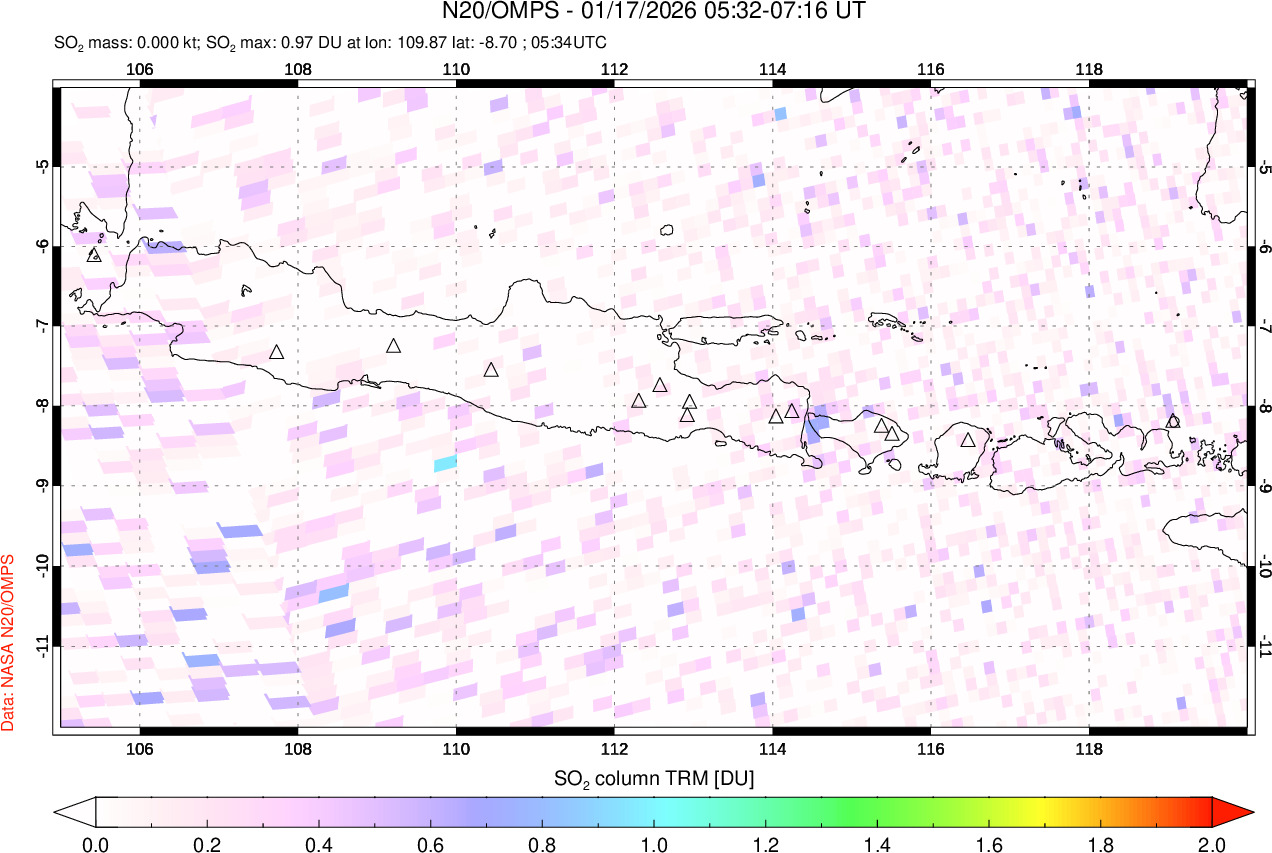A sulfur dioxide image over Java, Indonesia on Jan 17, 2026.