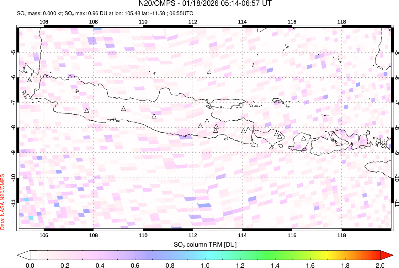 A sulfur dioxide image over Java, Indonesia on Jan 18, 2026.
