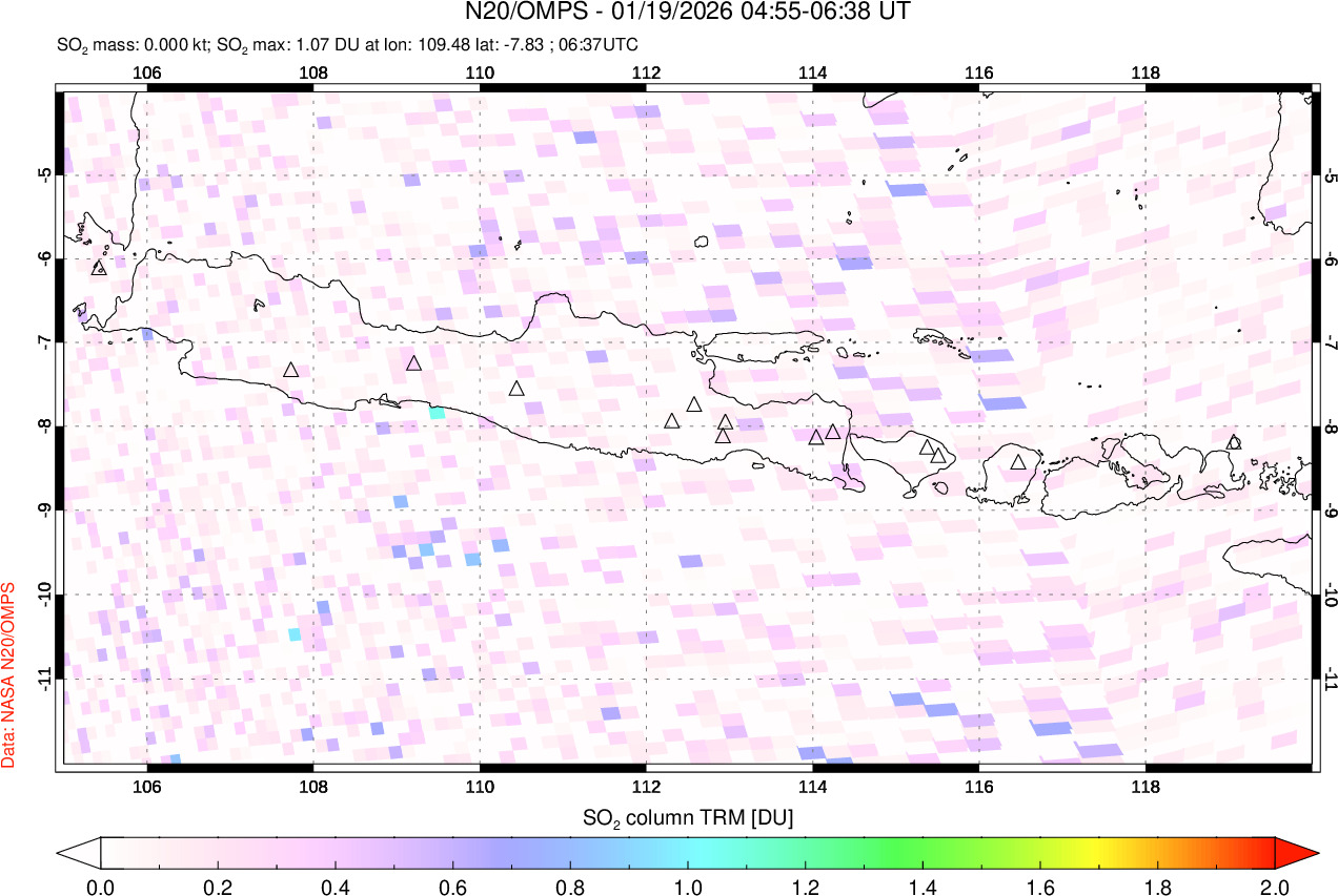 A sulfur dioxide image over Java, Indonesia on Jan 19, 2026.