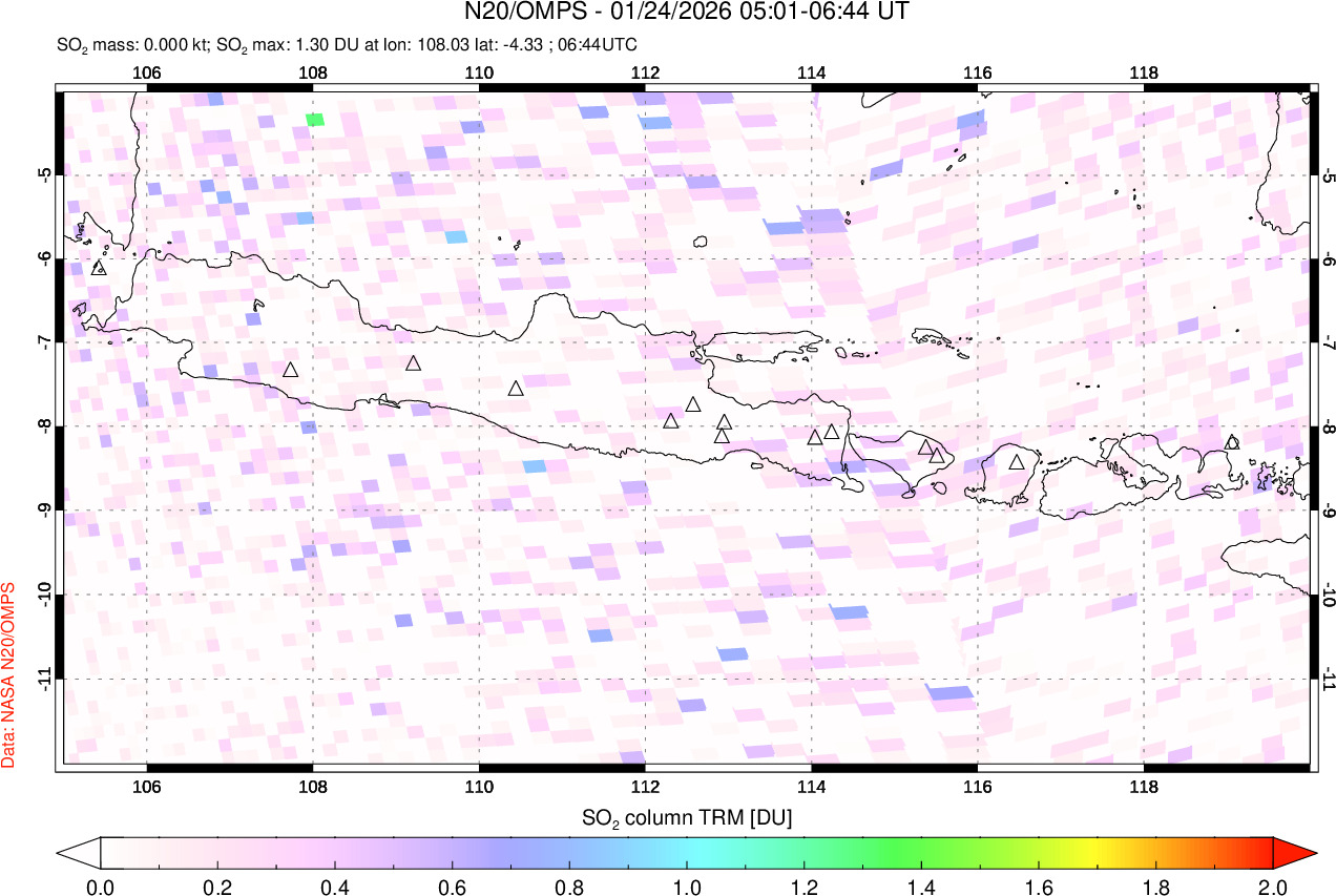 A sulfur dioxide image over Java, Indonesia on Jan 24, 2026.