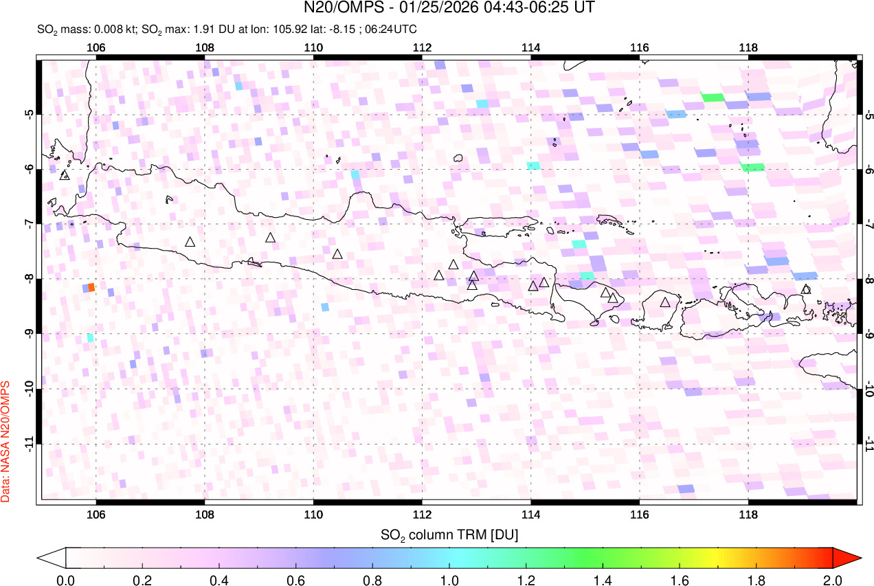 A sulfur dioxide image over Java, Indonesia on Jan 25, 2026.