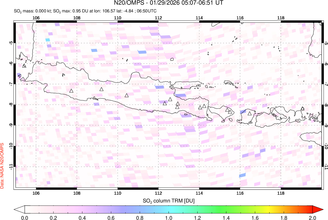 A sulfur dioxide image over Java, Indonesia on Jan 29, 2026.