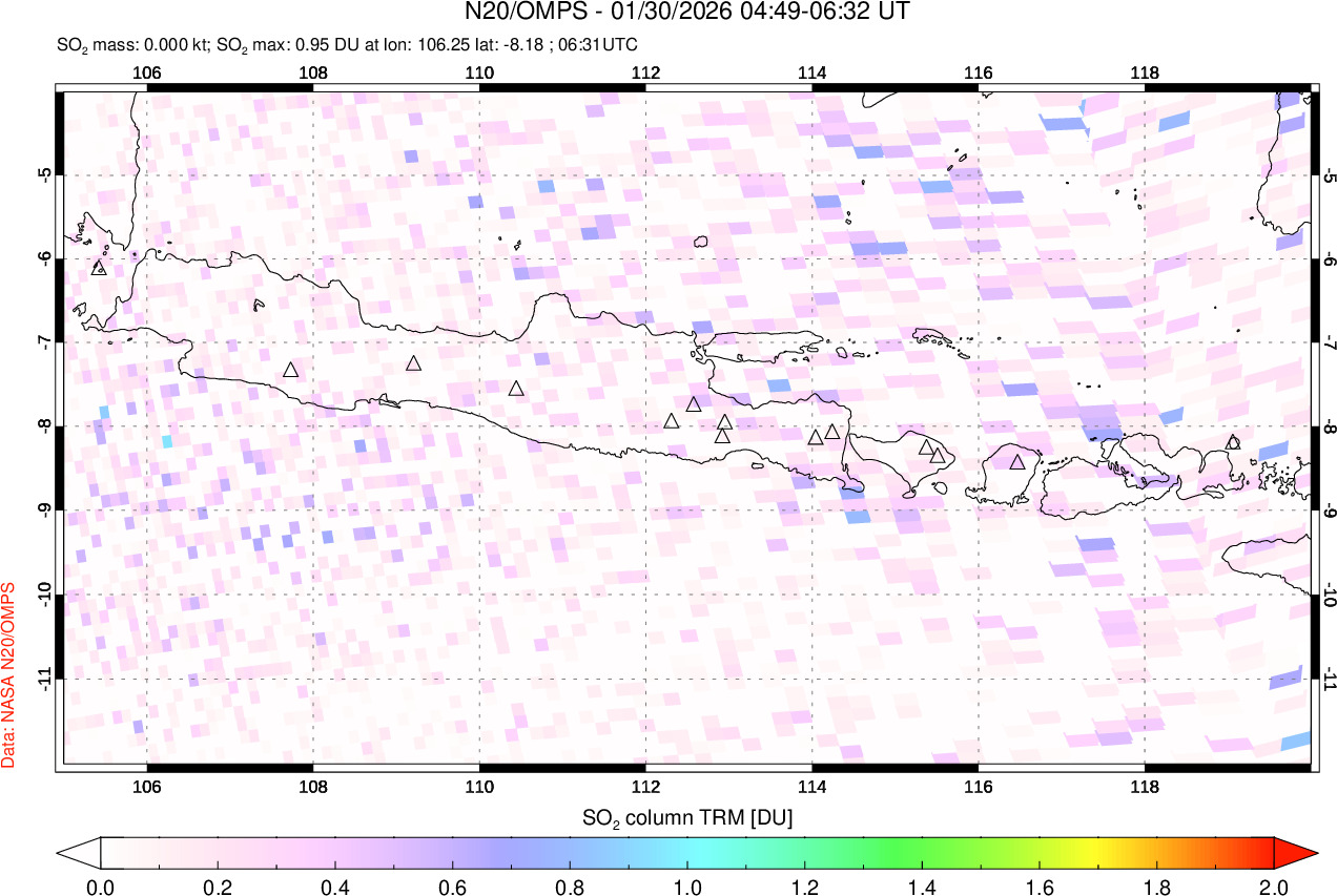 A sulfur dioxide image over Java, Indonesia on Jan 30, 2026.