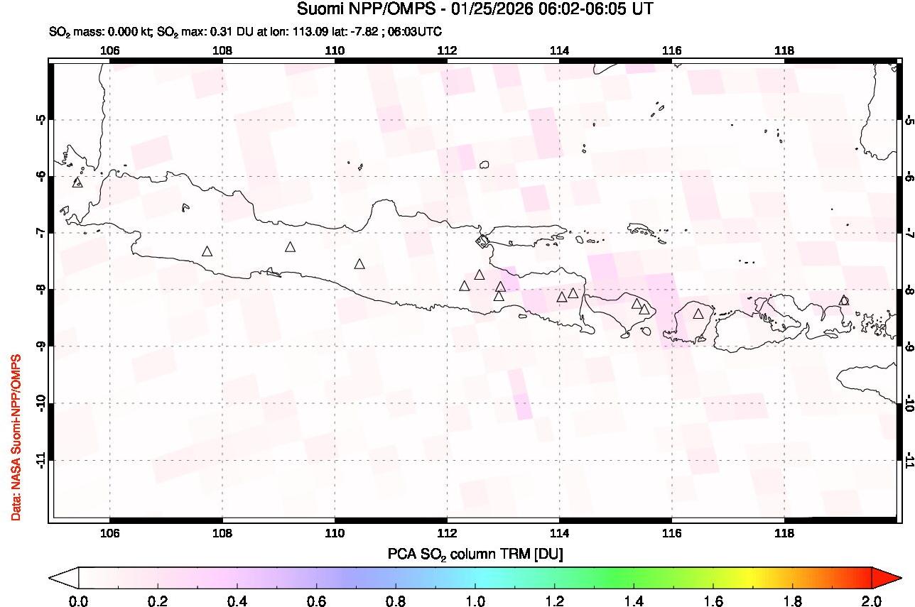 A sulfur dioxide image over Java, Indonesia on Jan 25, 2026.