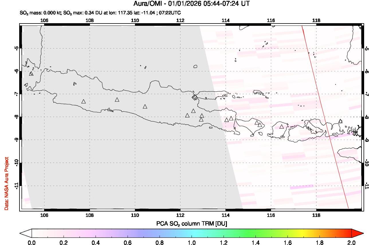 A sulfur dioxide image over Java, Indonesia on Jan 01, 2026.